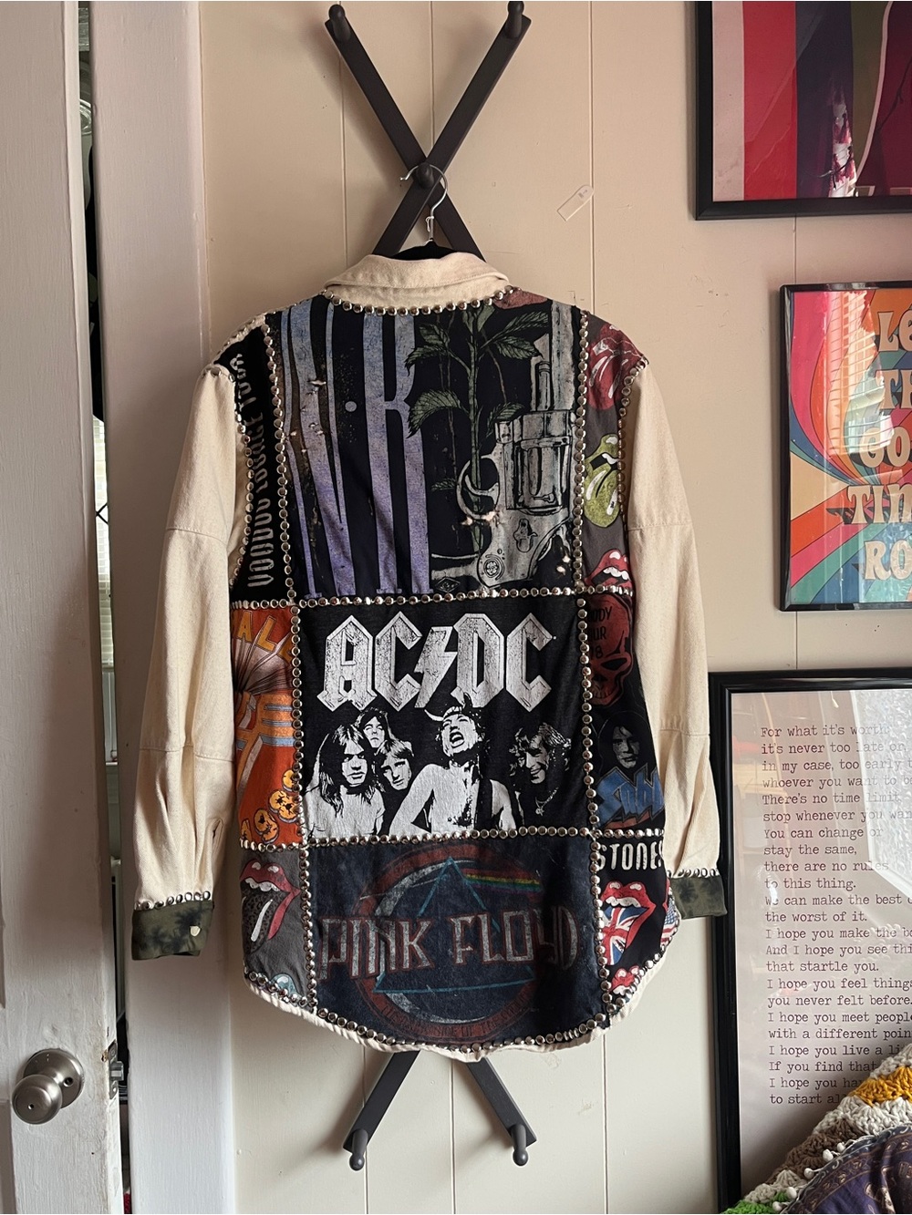 Missguided Custom Cream Punk Studded Denim Jacket